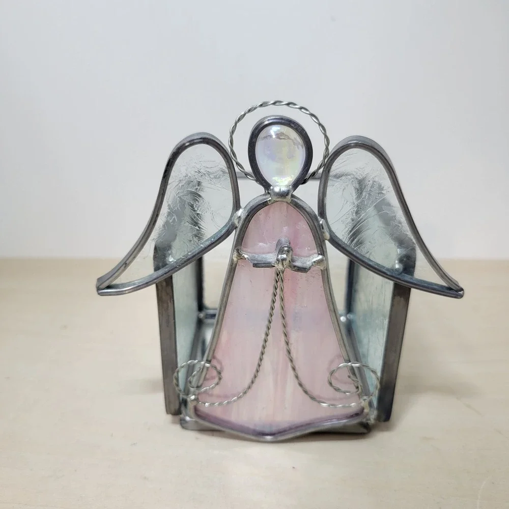 Stained Glass Angel Candle Holder‎ Pink Glass Textured Glass Wings